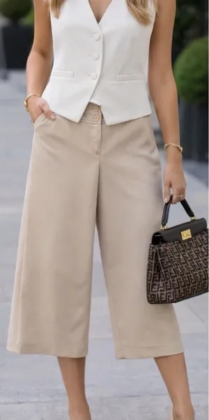 Pretty Girl New York | NWOT USA Beige Wide Leg Cropped Pants (size M) thumbnail 1