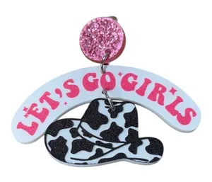Let's Go Girls Earrings Women OS Pink Cow Print Western Acrylic Dangle Nashville thumbnail 1