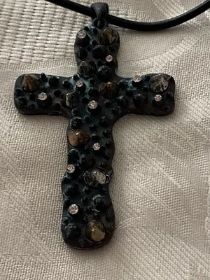 DaVinci Necklace Earrings Set Cross Pendant 3” H Goth Punk Steampunk Black Blue thumbnail 2