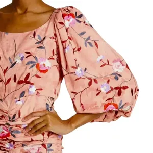 ByTimo Ruched Floral Embroidered Jacquard Dress Balloon Sleeves Coral Size XS thumbnail 3