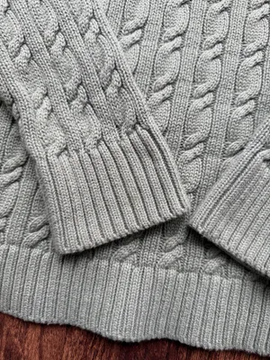 LL Bean Women’s M Sage Green Cotton Cable Knit Sweater Notch V-Neck Pullover thumbnail 9