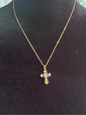 Gold Tone Cubic Zirconia Cross Charm Pendant Cable Chain Necklace 16" + 2" thumbnail 4