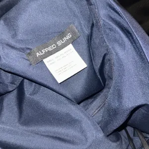 NEW ALFRED SUNG D815 DRAPED ONE-SHOULDER SATIN MAXI DRESS POCKETS NAVY sz 14 thumbnail 5