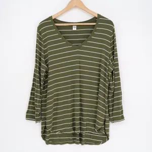 Old Navy Luxe T-Shirt Womens XL Green Striped Stretch High Low Hem Long Sleeve thumbnail 2