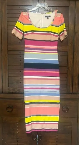 GUESS Multi-color Bright Striped Maxi Dress Size 4 Ribbed Short Sleeve Happy thumbnail 1