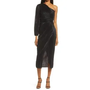 Saylor Alora Dress in Black Metallic Womens Plisse One Shoulder Midi thumbnail 2