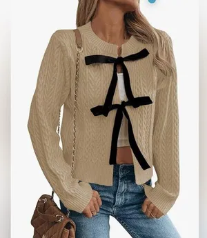 NEW Cable Knit Crew Neck Sweater Cardigan Bow Tie Front Long Sleeve M thumbnail 1