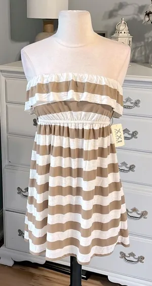 Forever 21 Strapless Oatmeal Taupe Striped Mini Dress Knit Beach Coverup Womens Small thumbnail 1