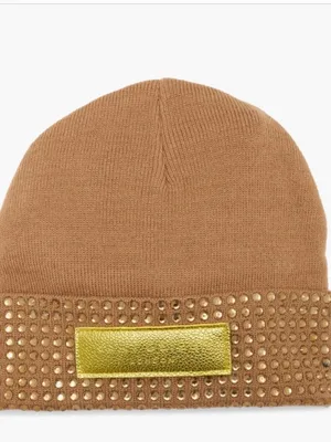NWT Kurt Geiger London Logo Patch Crystal Cuff Beanie One Size, CAMEL thumbnail 3