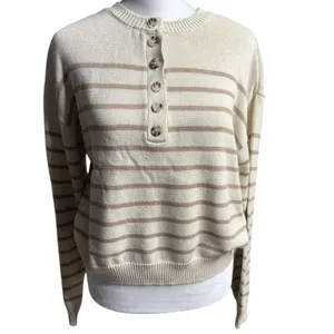 Pink Lily Striped Button Neck Sweater Cream Tan Small Coastal Grandma thumbnail 2