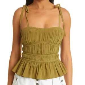 Ulla Johnson Nora Tie Shoulder‎ Silk Peplum Top Size 12 Olive Green Milkmaid NEW thumbnail 2