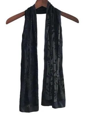 Vintage Black Leaf Large Scarf, Vintage Wrap, Extra Long Rectangular Scarf thumbnail 2