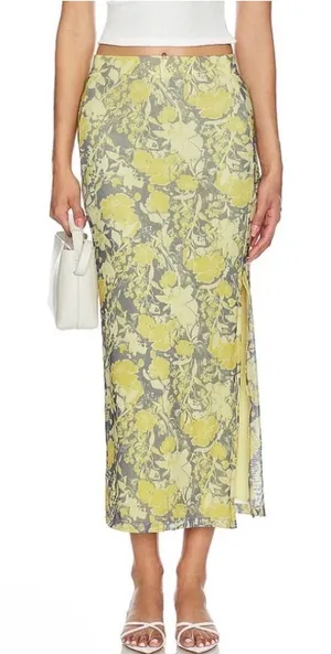 NEW Free People Feminine‎ Floral Print Rosalie Mesh Midi Skirt Yellow Slit XS thumbnail 1