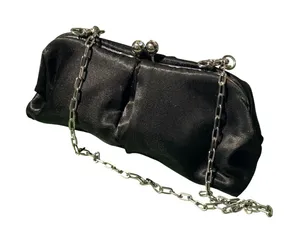 Nine West Black Satin Pleated Evening Clutch Rhinestone Kiss Lock Chain Strap thumbnail 1