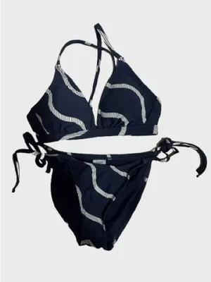 Shade & Shore Navy and White Wave-Print Tie-Side Bikini thumbnail 1