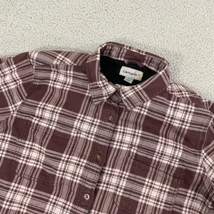 Carhartt Fleece Lined Flannel Shirt Women L Maroon Workwear‎ Button Shacket thumbnail 3