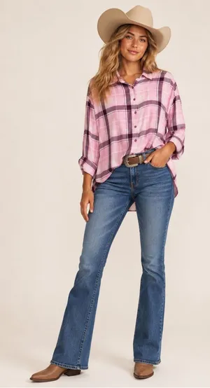 Frye & Co Western Plaid Button Down Shirt Top MEDIUM Boyfriend Purple Pink NWOT thumbnail 1