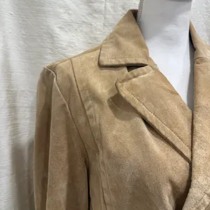 Y2K Live a Little Tan Suede Leather Double Breasted Pea Coat Jacket Small Preppy thumbnail 4
