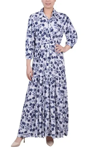 NWT Ny Collection 3/4 Sleeve Crinkle Tiered Maxi Dress White Navy Floral PS thumbnail 1