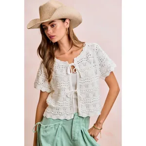 BiBi Front Bow Tie Detail Pointelle Knit Top - Ivory - XL thumbnail 6