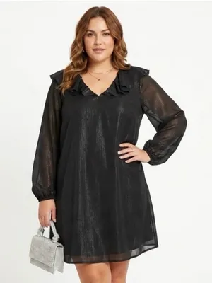 Andree by Unit Black Shimmer Ruffle V-Neck Mini Shift Dress Long Sleeve LBD 1X thumbnail 1