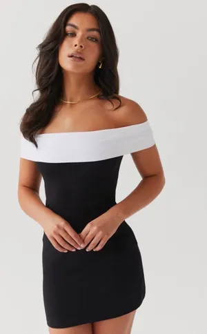 Peppermayo Black and White Diamonds and Pearls Off Shoulder Mini Dress thumbnail 1