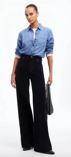 Madewell Superwide Leg Pants Corduroy Black High Rise Stretch Cotton US 25 NWT thumbnail 1