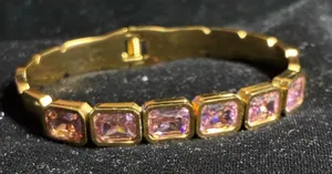 Classic Stainless Steel Zircon Bracelet in gold color with Pink stones. thumbnail 1