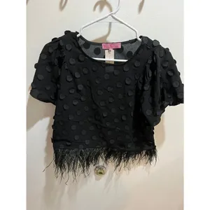 Anthropologie NWT XS Eva Franco Black Sheer Fabric Polka Dot Feathered Hem Top thumbnail 3