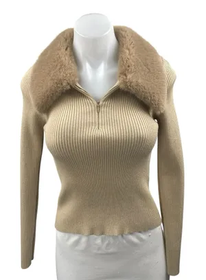 Zara Women's Brown Rib Knit Faux Fur Collar Long Sleeve Crop Sweater Top Size M thumbnail 1