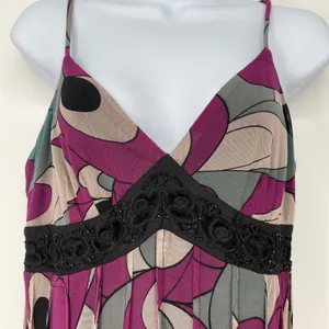 Vintage Babydoll Purple Abstract Sheer‎ Overlay Dress Black Lace Trim Size 4 Y2K thumbnail 3