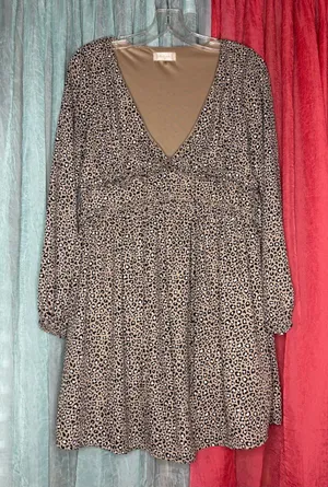 Altar'd State Beige and Black Leopard Print V-Neck Long Sleeve Dress thumbnail 1