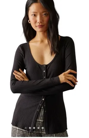 Anthropologie - Black Ribbed Snap Front Long Sleeve Top Organic Cotton Sz M thumbnail 1