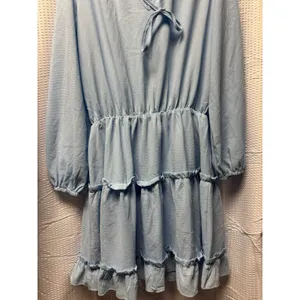 Women's Baby Blue Tiered Mini Dress Tie Front Balloon Long‎ Sleeve L thumbnail 3