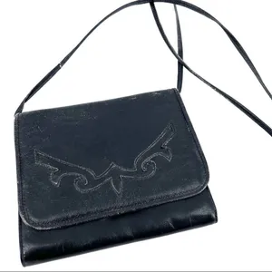 Vintage black leather cross‎ Body purse bag shoulder bag Tooled mid century thumbnail 1