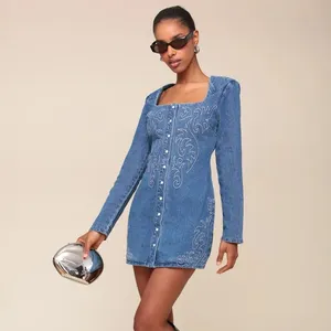 Avec Les Filles Western Embroidery Long Sleeve Straight Neck Denim Mini Dress thumbnail 4
