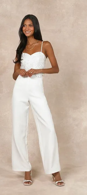 NWT Lulus Exquisite Posture White Floral Embroidered Tiered Jumpsuit Wedding M thumbnail 1
