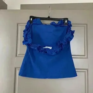 Maeve Anthropologie Blue Strapless Ruffle Blouse Xl thumbnail 3