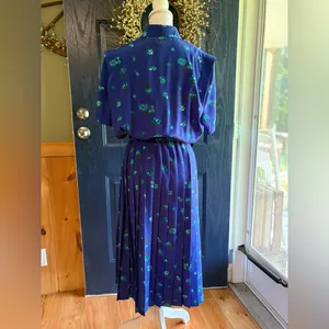 Blue Midi Dress 80s Blouson Floral Print Dress Button Back 80s Draped High Waist thumbnail 5