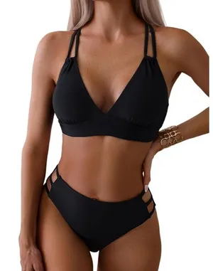 Boutique Black Push Up V Neck Bikini Criss Cross Back Two Piece Bathing Suit LARGE thumbnail 1