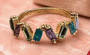 Stainless Steel Golden w/ Multi Color Gemstones Statement Band Size 7 thumbnail 1