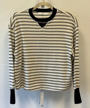 Lush Women's Ivory Black Striped Thermal Long Sleeve Top Small‎ T16919B Casual thumbnail 1