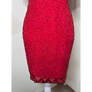 Vintage 80s AJ Bari Beaded Silk Cocktail Dress Red Sheath Petite 6 Holiday Prom thumbnail 2
