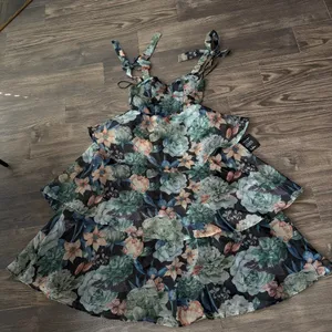 Playfully Posh Black Floral Organza Tie-Strap Tiered Midi Dress NWT thumbnail 2