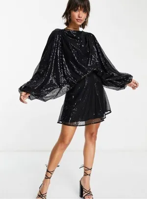ASOS DESIGN embellished mini dress with cowl neck and blouson sleeve thumbnail 1