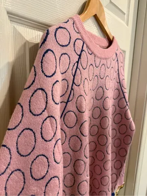 Pink Crewneck Sweater with Navy Polka Detail thumbnail 4