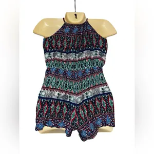Boho Halter Romper in Teal, Burgundy & Navy Green Size L thumbnail 2