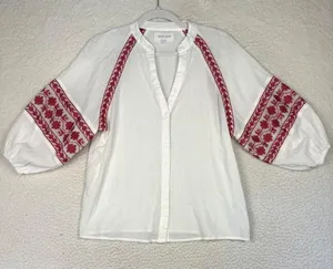 Dear John Blouse Womens Small‎ White Embroidered Balloon Sleeve Boho Peasant Top thumbnail 1
