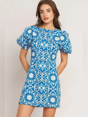 Flying Tomato White Blue Puff Sleeve Dress Medium thumbnail 2