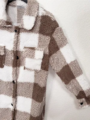 Miss Sparkling Brown Plaid Sherpa Shacket Oversized Longline Teddy Fleece Jacket thumbnail 5